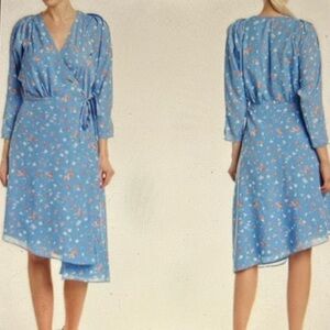 Joie Acantha Floral Cornflower Blue Slinky Wrap Midi Asymmetrical Dress Medium